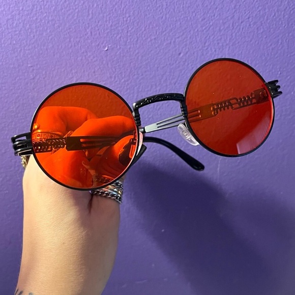 Black & red round shape gothic steam punk sunglasses + black leather pouch - Picture 13 of 15